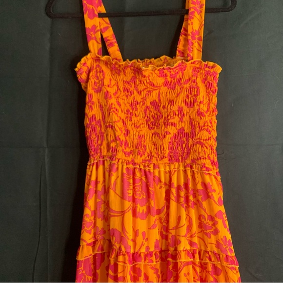 NWT Umgee Vibrant Orange and Pink Floral Smocked Tiered Dress, size L - Picture 7 of 10